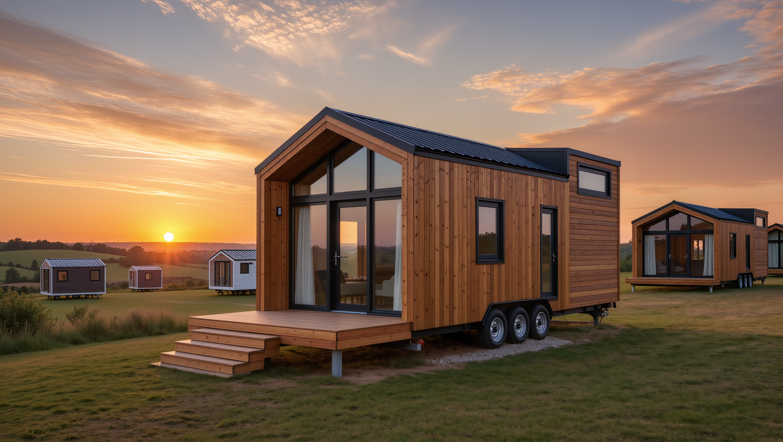 Tiny-House-Dorf in der Abendsonne